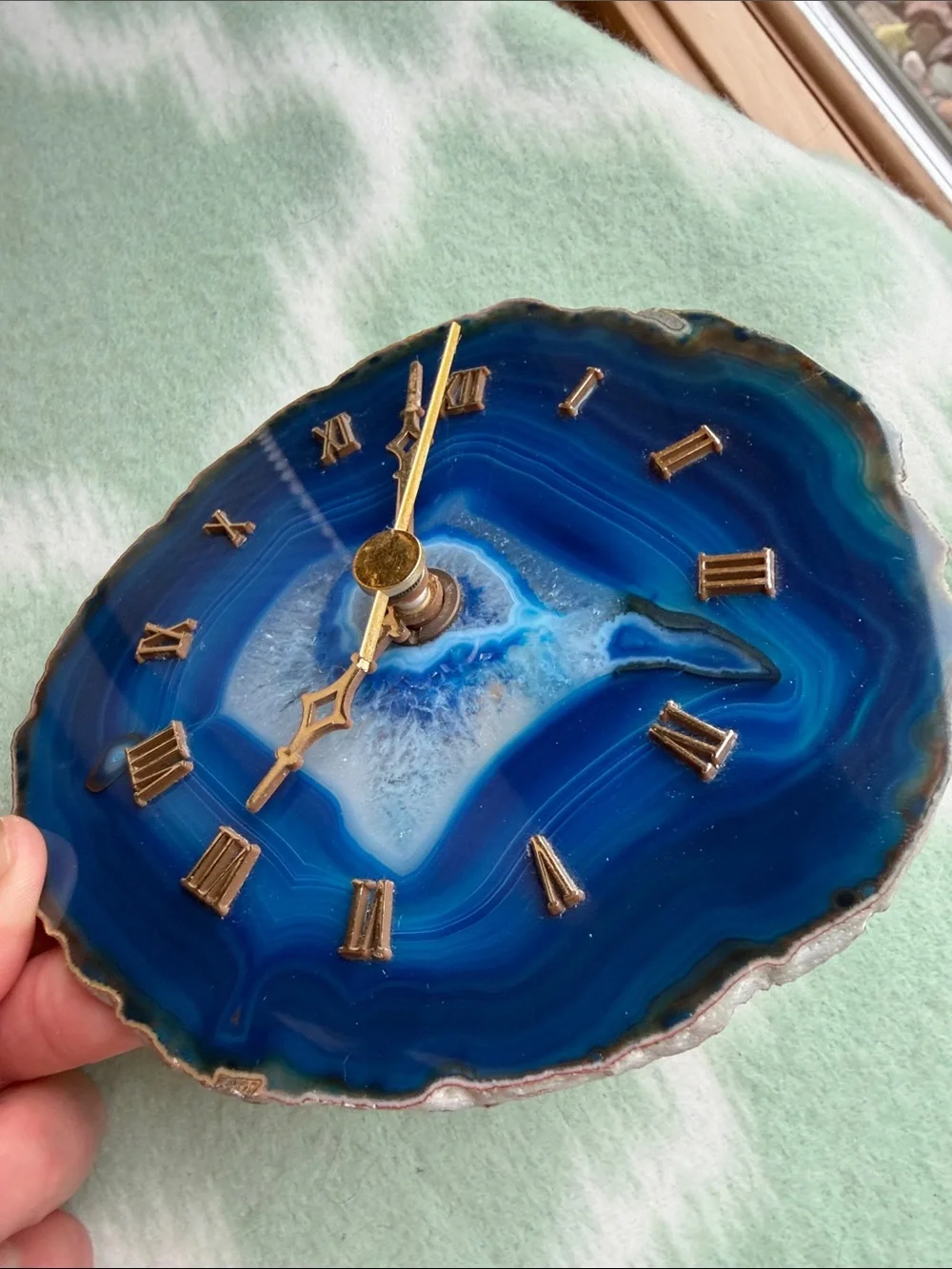 Handmade Blue Agate Wall Clock with Gold Accents - about 5.5”x5”